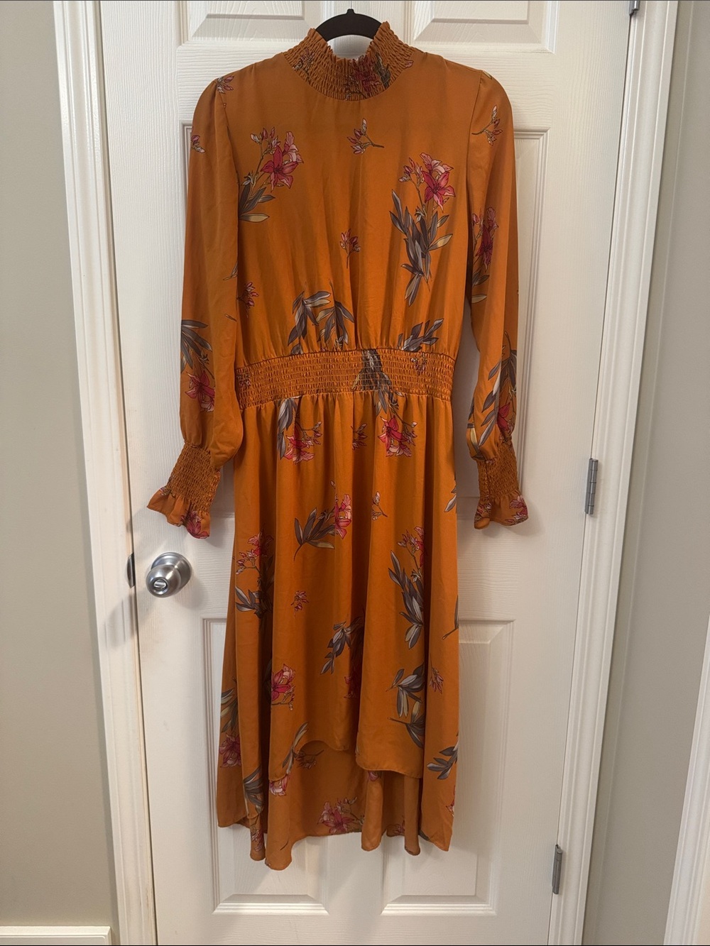 Nanette Lepore- Floral Smocked Waist Long Sleeve high-low Dress - Burnt Orange